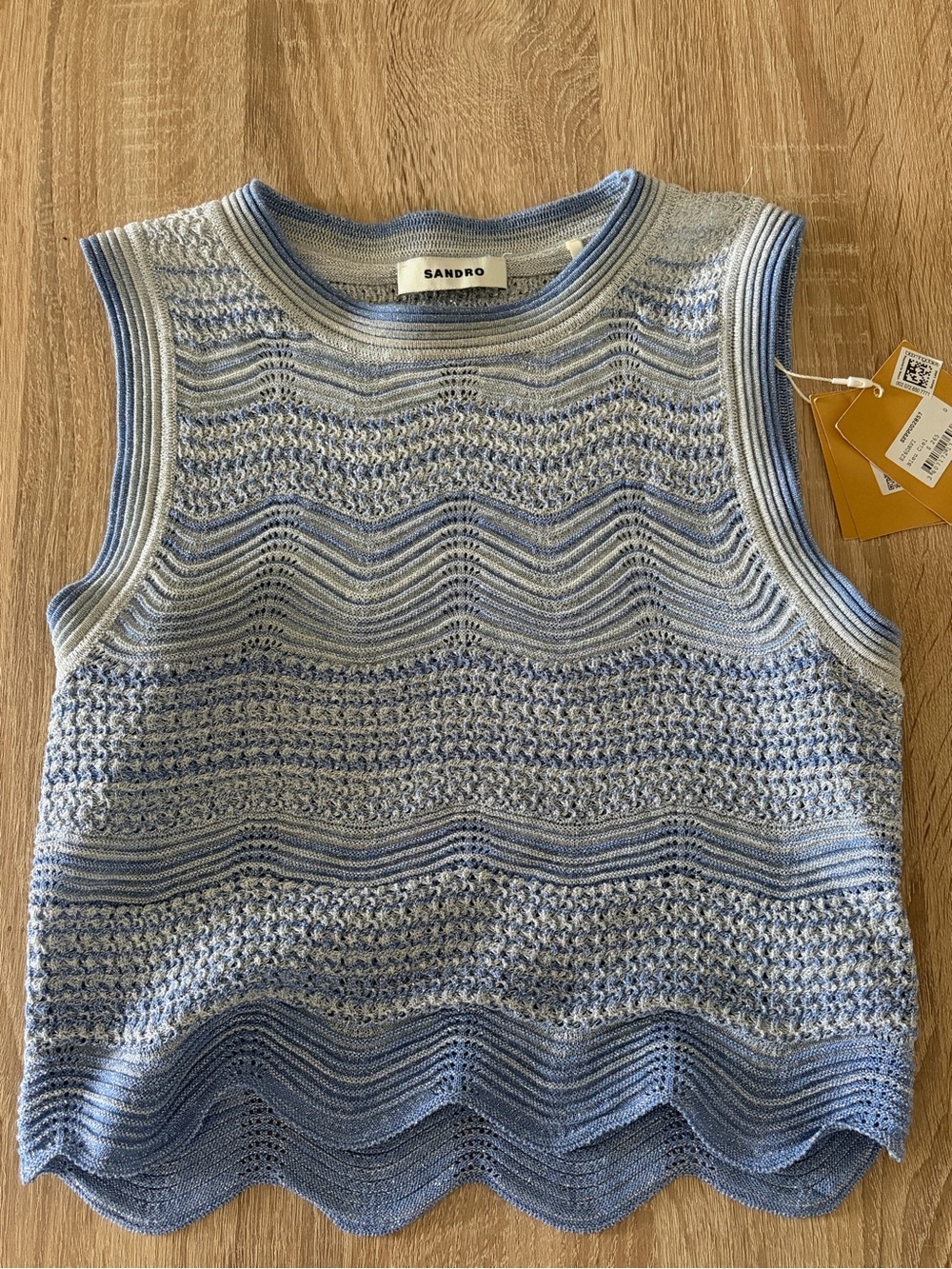 SANDRO Light Blue Wave Knit Sleeveless Top